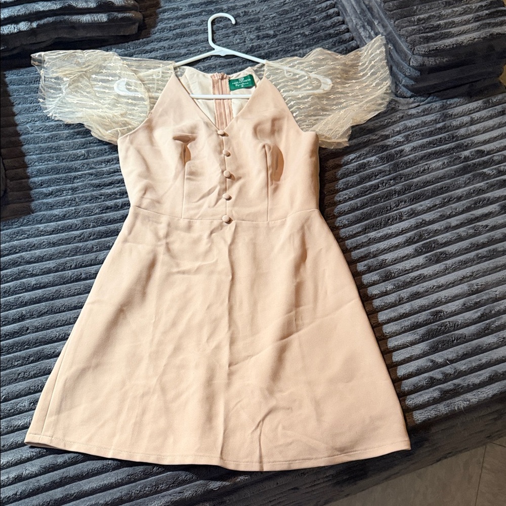 MOLLYNISTA SIGNATURE DESIGNER Beige Dress with Sheer Sleeves